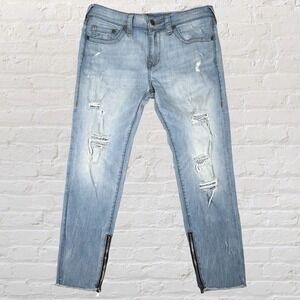 TRUE RELIGION Finn Slim Tapered Jeans Size 32x28 Distressed Ankle Zippers Frayed